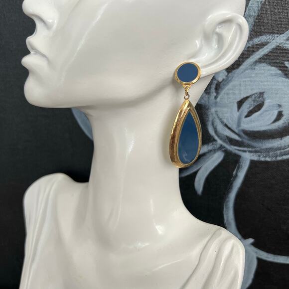 Vintage Raphael Blue Gold Teardrop Statement Earrings NWT - Picture 2 of 7